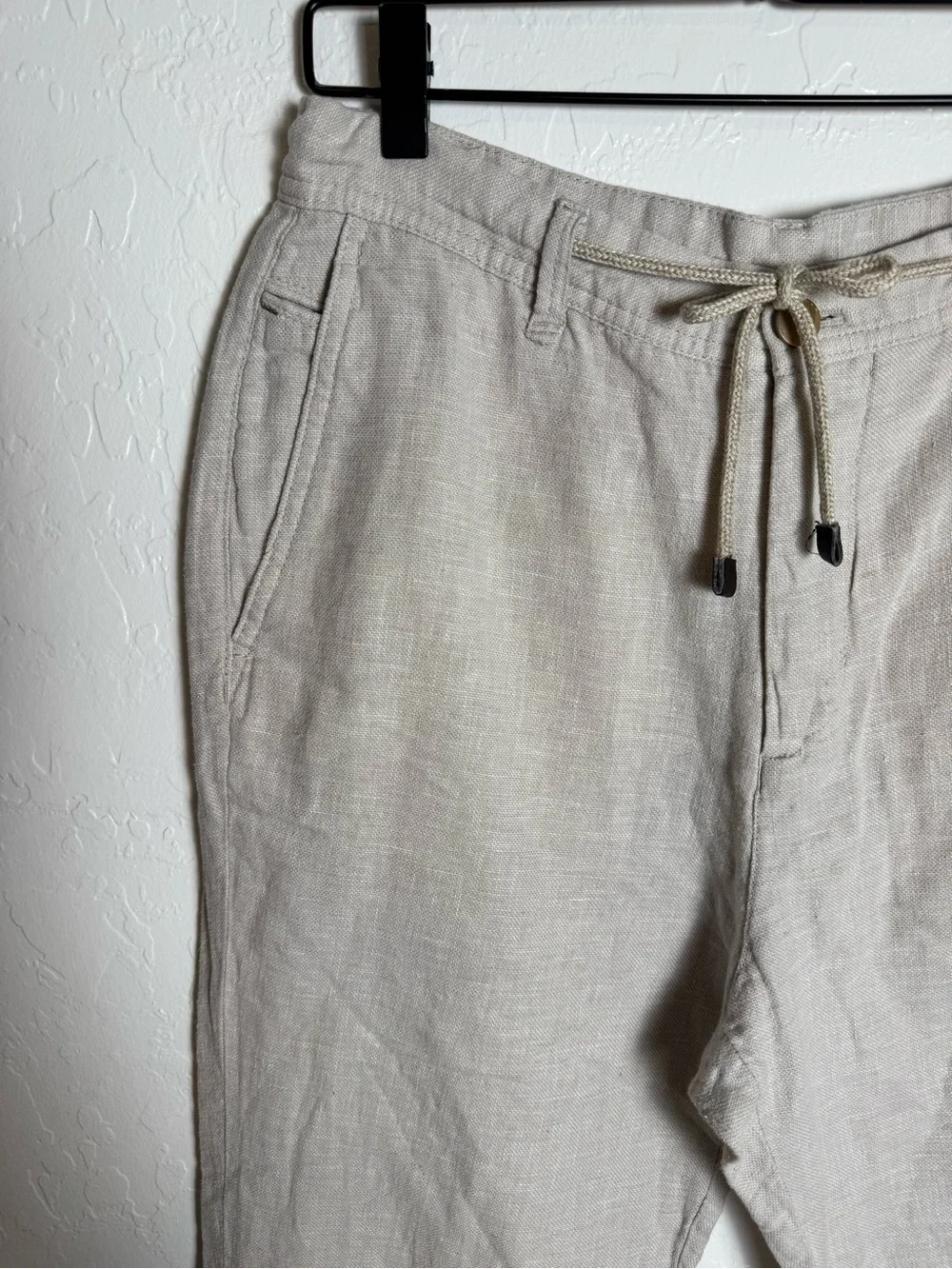 Zara Men’s Beige Linen Blend Tapered Straight Slim Drawstring Trousers
